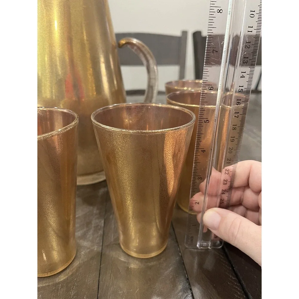 Vintage Gold Flecked/Splatter Pitcher w/‎ 6 Glasses West Virginia Glass Co MCM